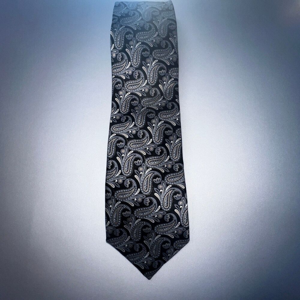 John Varvatos Men's Vintage Paisley Silk Tie Black White Silver Luxury